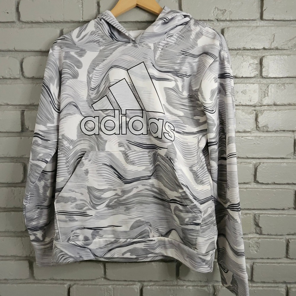 Adidas‎ Boys XL 18/20 Hoodie Grey White Wave Pattern Fleece Sweatshirt AA7214